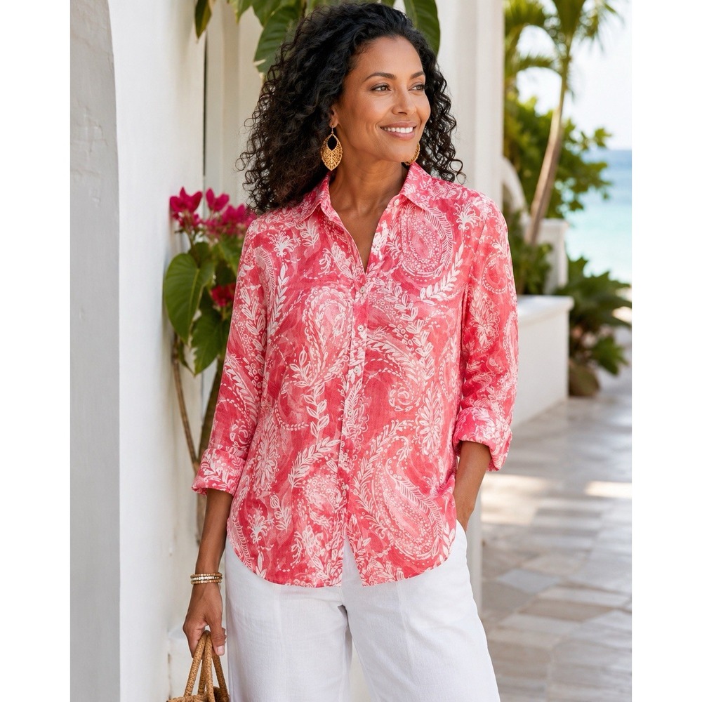 Talbots Petite XL Linen Shirt Coral Paisley Floral Button Down Long Sleeve